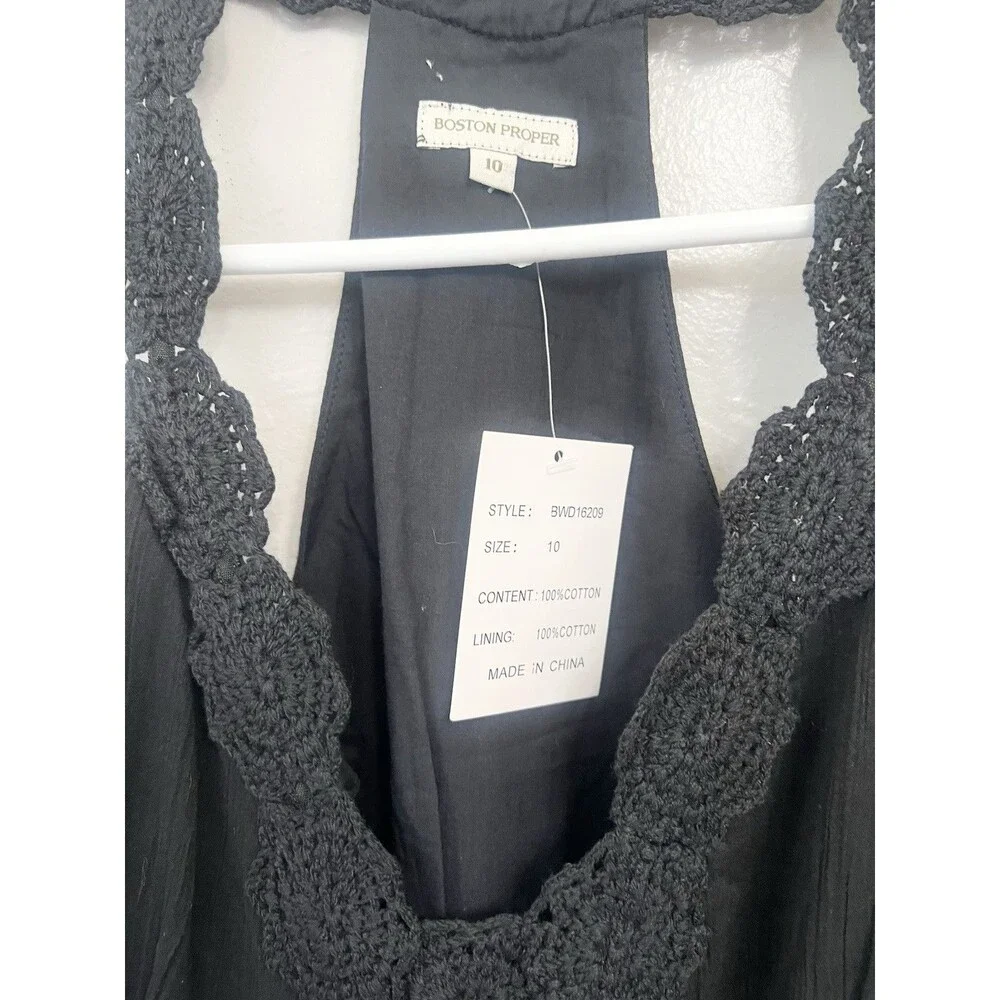 Boston Proper Black Crochet Maxi Dress Size 10 Gauzy Cotton New NWT Cover Up